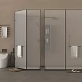 Modern Shower Fixture in Glass Enclosed Bathroom with Storage Shelf and Towel Rack
