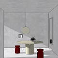 Modern Dining Table Set With White Round Top Red Stools And Pendant Light 3d model