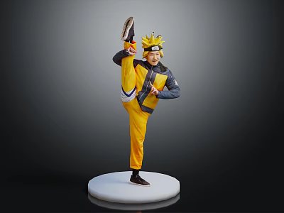 Character In Yellow And Black Outfit With Crown In One Legged Stance On White Base 3d model