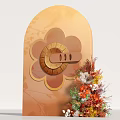 Interactive Area With Orange Arched Background Flower Shaped Decoration Gear Design And Colorful Floral Arrangement