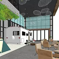 Charming Outdoor Café Featuring RV Tent Surfboard Green Wall Wooden Deck And Lawn Area
