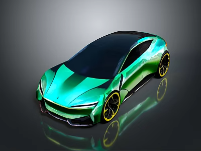 Green Sports Car Featuring Sleek Design Black Roof Yellow Wheels on Dark Reflective Background 3d model