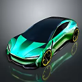 Green Sports Car Featuring Sleek Design Black Roof Yellow Wheels on Dark Reflective Background