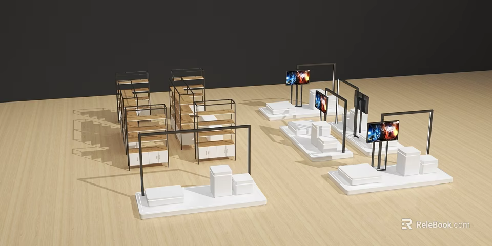 Modern Retail Display Shelves With White Base Black Frame And Multiple Tiers For Products 3d model 