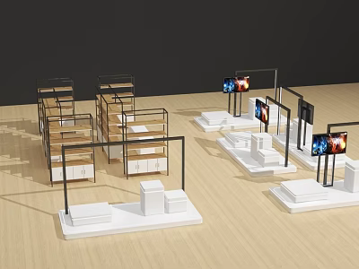 Modern Retail Display Shelves With White Base Black Frame And Multiple Tiers For Products 3d model