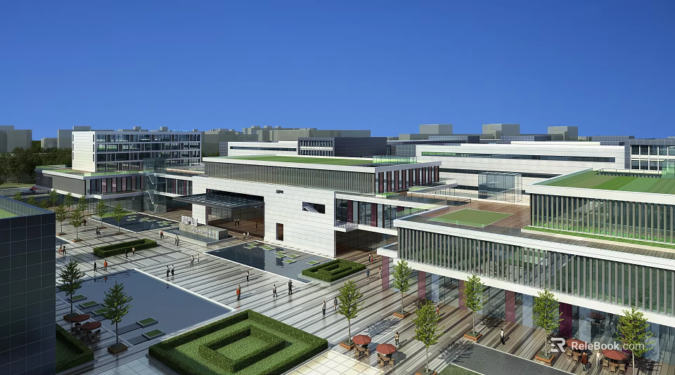 Modern Industrial Factory Buildings With Green Roofs Open Plaza And Glass Curtain Walls 3d model 