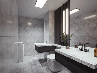 Modern Bathroom Interior With Marble Countertops Double Sinks Backlit Mirror Wall-Mounted Toilet And Potted Plant 3d model