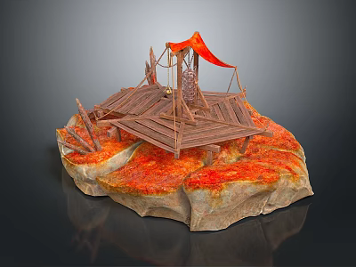 Decorative Lava Scene Model With Wooden Platform Red Canopy And Rock Structure 3d model