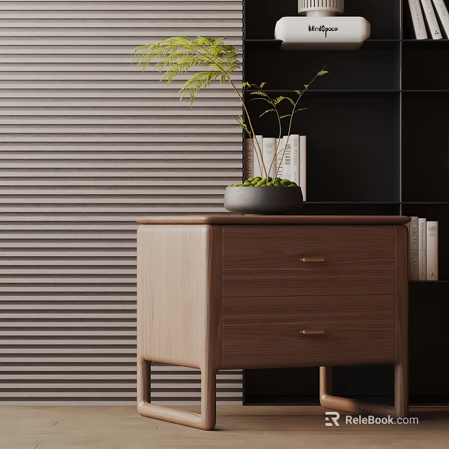 Wooden Side Table with Two Drawers Gold Handles and Potted Plant on Vertical Striped Wall 3d model 