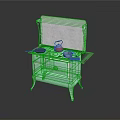 Vintage Green Kitchen Stove with Four Burners Red Kettle Cabinet Doors and Drawer