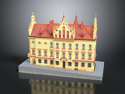 Yellow Facade Building With Red Roof Spire Decorations And Multi Story Structure 3d model