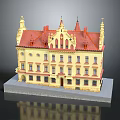 Yellow Facade Building With Red Roof Spire Decorations And Multi Story Structure