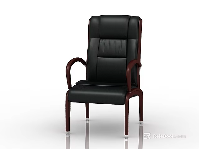 Black Leather Office Chair With Wooden Arms And Stitched High Back Design 3d model 