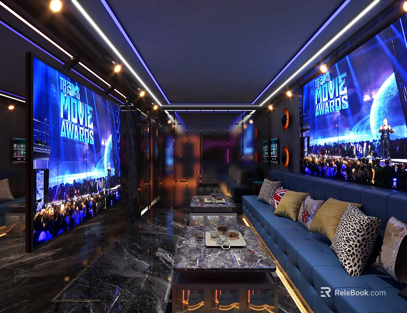 Modern KTV Lounge Interior With Large Screens Blue Sofas And Coffee Tables 3d model