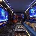 Modern KTV Lounge Interior With Large Screens Blue Sofas And Coffee Tables 3d model