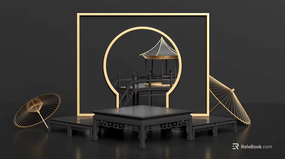 Chinese Style Commercial Display Equipment With Golden Frame And Carved Platform Decorative Elements 3d model 