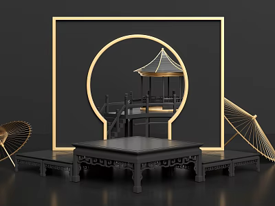 Chinese Style Commercial Display Equipment With Golden Frame And Carved Platform Decorative Elements 3d model