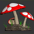 Red Mushrooms With White Spots Growing On Soil And Green Grass