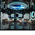 Modern KTV Lounge Interior With Neon Blue Lighting Large Screens And Sofa Seating