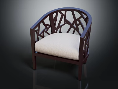 Dark Wooden Armchair With Carved Openwork Design Curved Armrests And Light Padded Seat 3d model