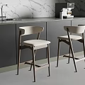 Modern Upholstered Bar Stools With Wooden Frame At Kitchen Counter Marble Backsplash Grey Cabinets Coffee Machine
