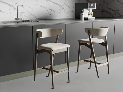Modern Upholstered Bar Stools With Wooden Frame At Kitchen Counter Marble Backsplash Grey Cabinets Coffee Machine 3d model