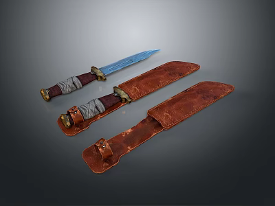 Handmade Blue Blade Knife with Textured Leather Handle and Brown Leather Sheaths 3d model
