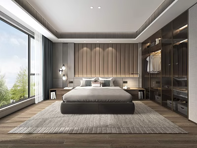 Modern Bedroom Interior With Large Bed Wooden Panel Headboard And Floor to Ceiling Window 3d model