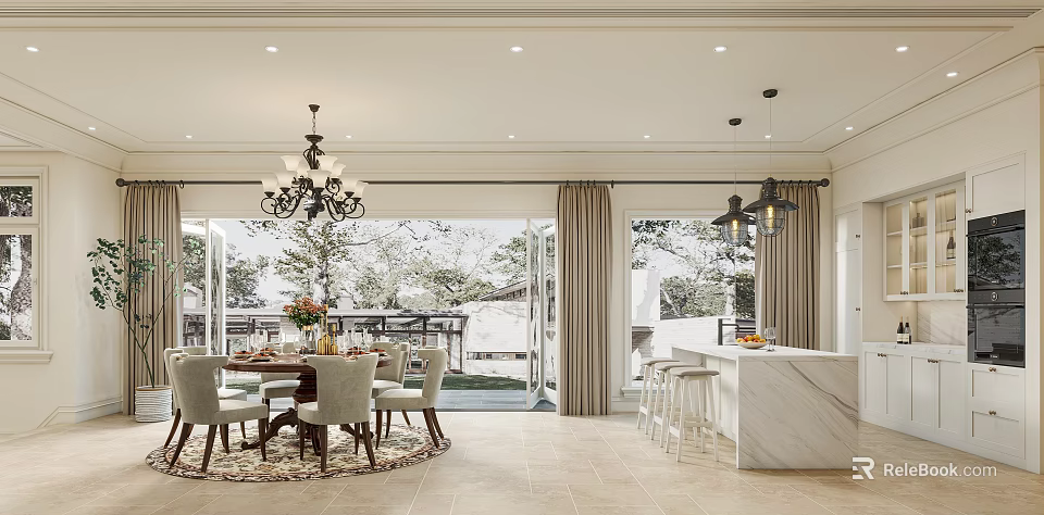 Elegant Restaurant Interior With Dining Table Chairs Chandelier Bar Stools Marble Counter And Sliding Doors 3d model 