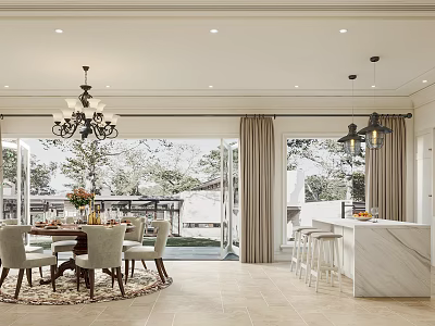 Elegant Restaurant Interior With Dining Table Chairs Chandelier Bar Stools Marble Counter And Sliding Doors 3d model