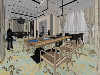 Modern Private Dining Room With Long Wooden Table Chairs Patterned Carpet Curtains And Chandelier 3d model