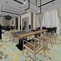 Modern Private Dining Room With Long Wooden Table Chairs Patterned Carpet Curtains And Chandelier