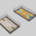 Two Basketball Courts With Different Floor Designs Lighting Systems And Surrounding Fencing