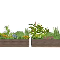 Two Wooden Planter Boxes With Various Green Herbs And Colorful Flowers
