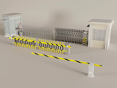 Public Facility Security Gate With Security Booth And Yellow And Black Warning Barriers 3d model