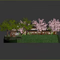 Vibrant Cartoon Scene With Cherry Blossom Trees Traditional Houses Small Bridge And Pond