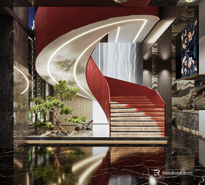 Elegant Red Spiral Staircase With White Lighting Green Plants And Marble Floor In Modern Interior 3d model 