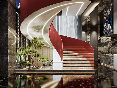 Elegant Red Spiral Staircase With White Lighting Green Plants And Marble Floor In Modern Interior 3d model