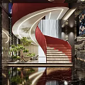 Elegant Red Spiral Staircase With White Lighting Green Plants And Marble Floor In Modern Interior