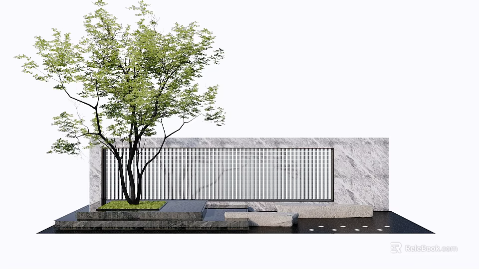 Marble Landscape Wall With Grid Pattern Green Tree And Stone Platform Paving 3d model