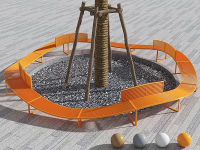 Orange Curved Outdoor Chairs Arranged Around Tree Trunk On Gray Pavement With Colorful Balls 3d model