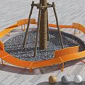 Orange Curved Outdoor Chairs Arranged Around Tree Trunk On Gray Pavement With Colorful Balls