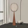 Modern Floor Lamp With Wooden Cone Base And Beige Fabric Shade Near Open Book