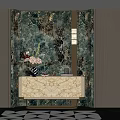 Luxurious Entryway Interior with Green Marble Wall Beige Console Table Vase Flowers and Geometric Rug