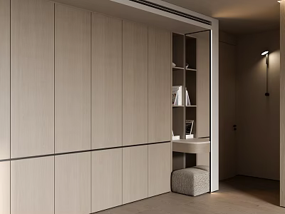 Modern Integrated Wardrobe Design With Light Wood Panels Open Shelves And Stool 3d model