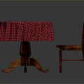 Round Dining Table With Red Plaid Tablecloth And Wooden Chair In Gray Background