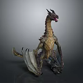 Mythical Horned Dragon Game Movie Character With Long Neck Outstretched Wings And Scaled Body