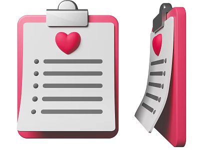 Pink Notebook With Red Heart Design Checklist Lines Silver Clip Front And Side View 3d model