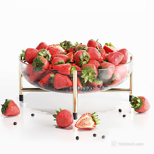 Fresh Strawberries with Green Leaves in Transparent Glass Bowl on Golden Stand and Scattered Blueberries 3d model 
