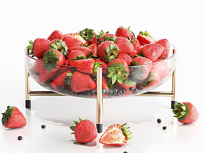 Fresh Strawberries with Green Leaves in Transparent Glass Bowl on Golden Stand and Scattered Blueberries 3d model
